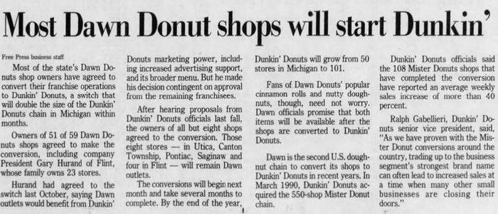Dawn Donuts - Jan 1992 Article On Sale To Dunkin (newer photo)